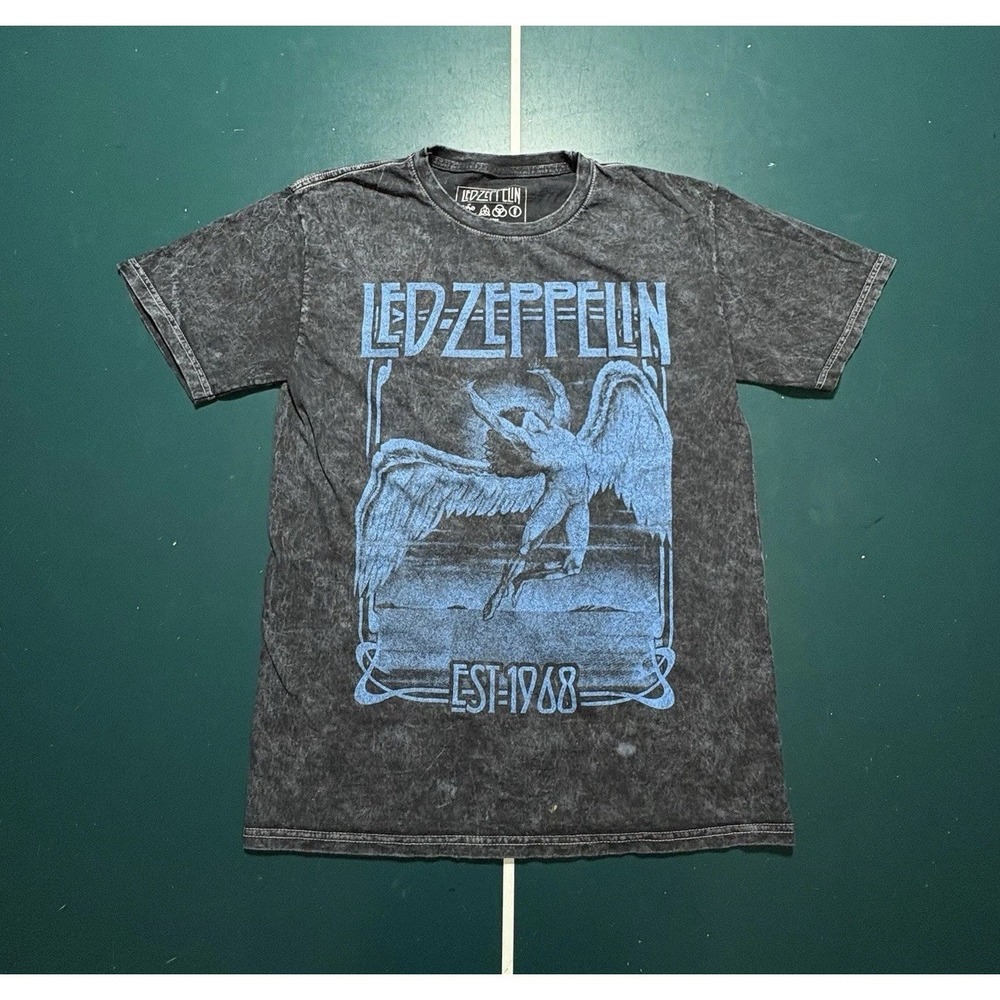 Led Zeppelin Faded Falling T-shirt Men's Small Black‎ Blue Acid Wash Graphic Tee